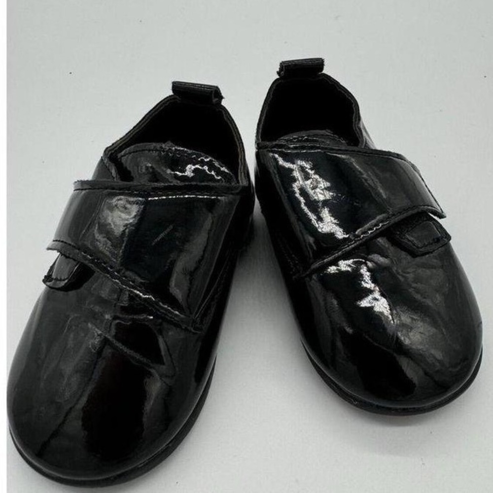 Black Patent Faux Leather Infant Toddler Dress Shoes Hook Loop Strap Size 2